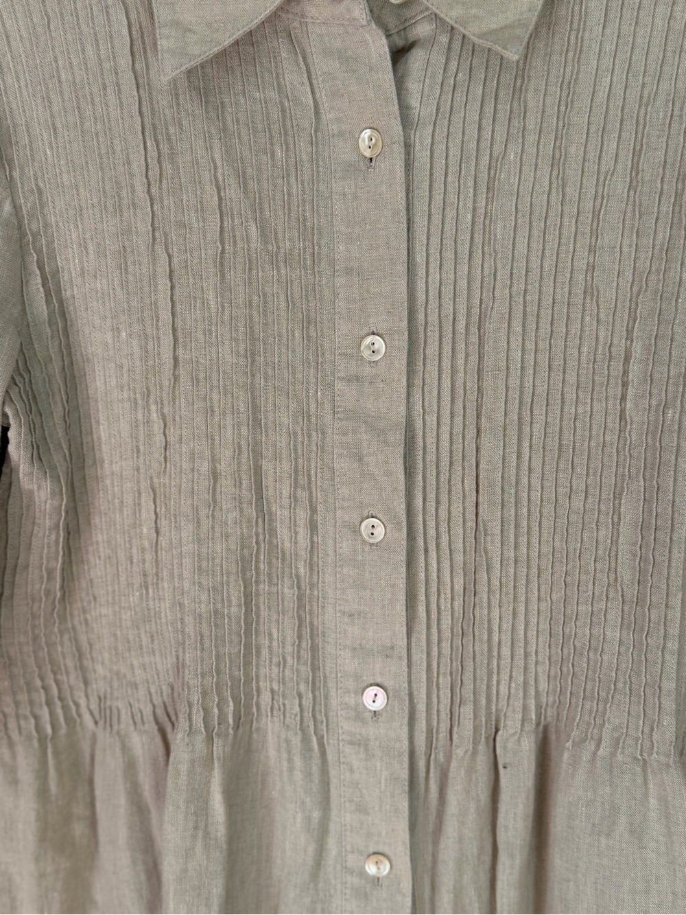 Women’s Kate Hill Linen Long Sleeve Vertical Pin Tuck Pleated Tan Blouse PXS - Picture 2 of 11
